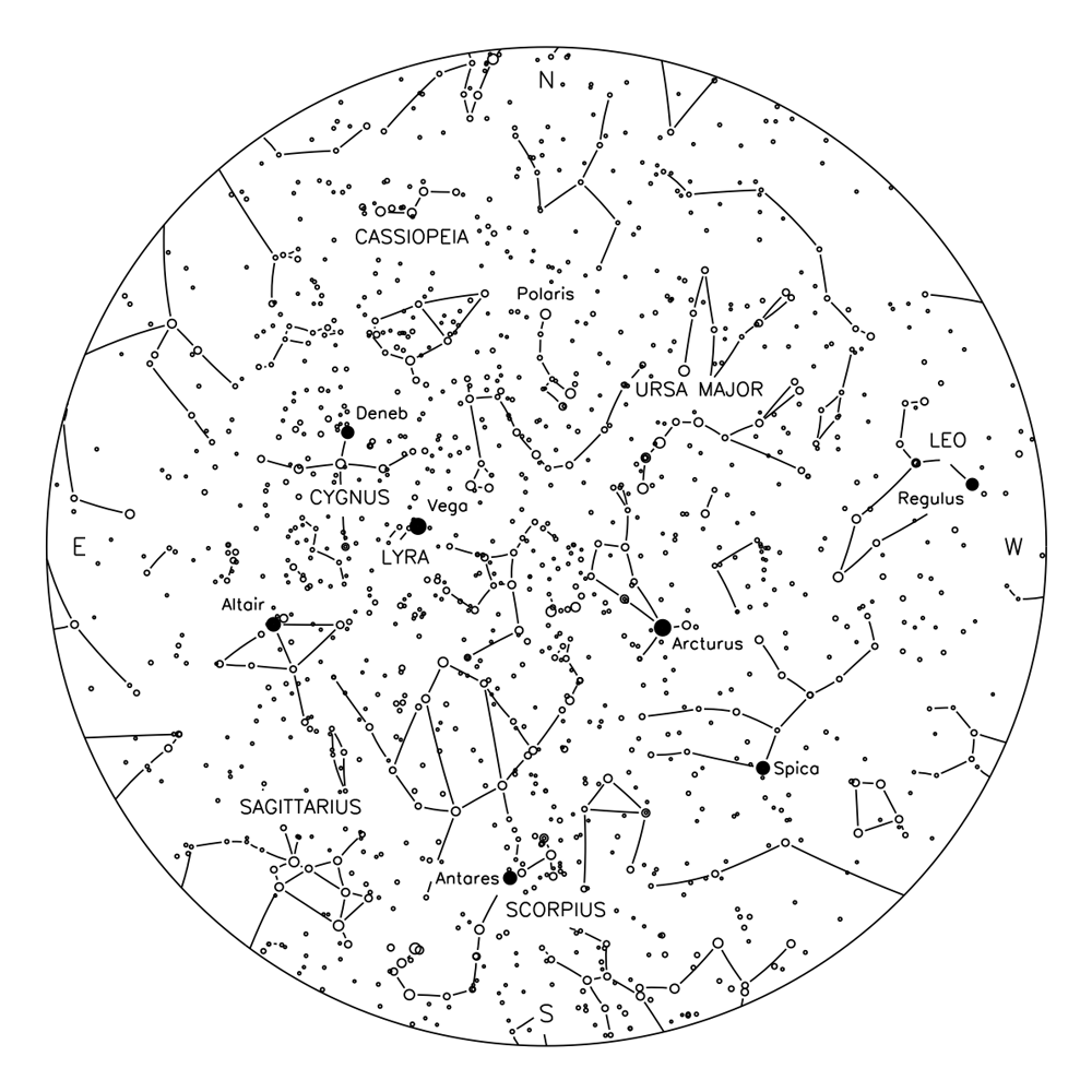 A Forgeplot Star Chart: the sky over New York on the night of 21 June 2026, stars as small circles joined by constellation lines, with star and constellation names.