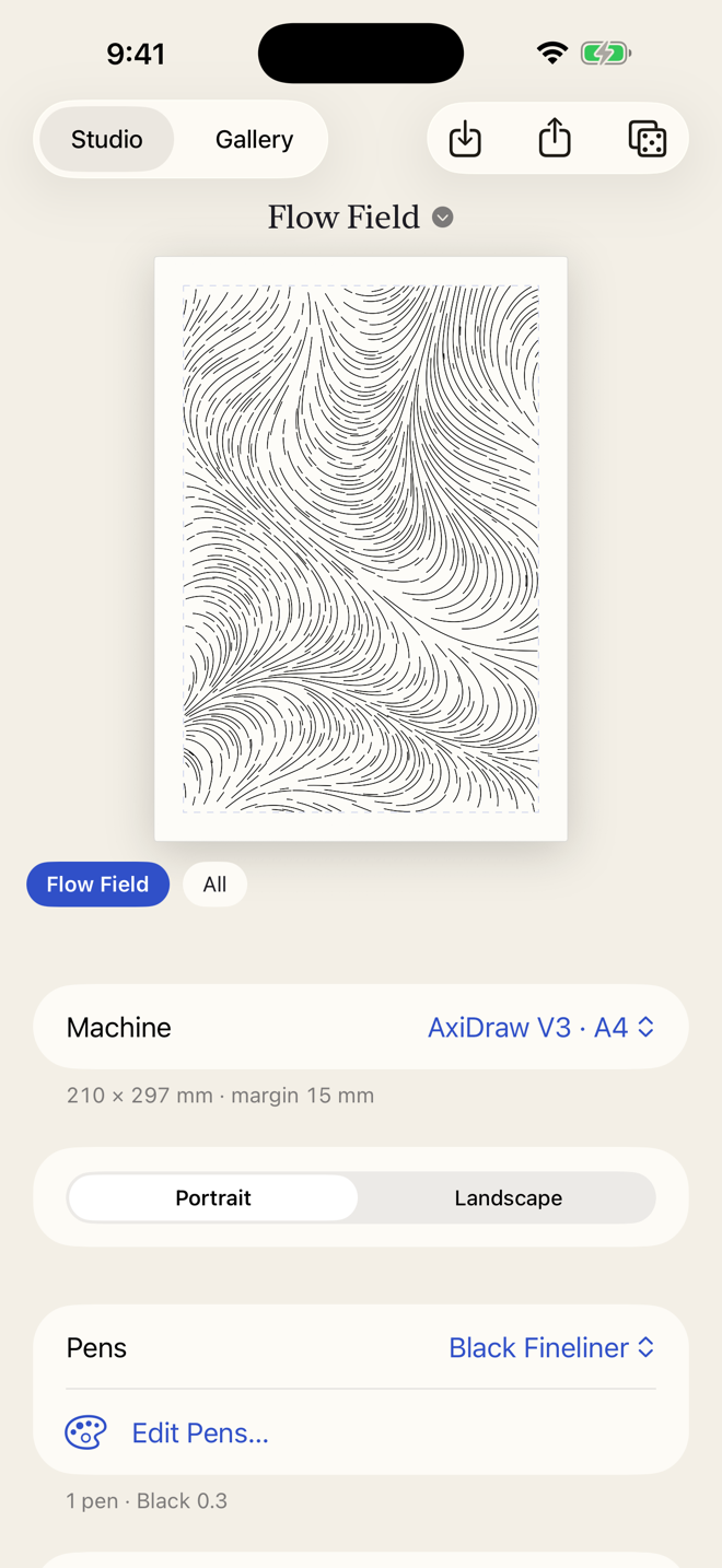The Forgeplot editor on iPhone: a flow-field drawing on a sheet of paper, with the generator's name above it and sliders for noise scale and particle count below.