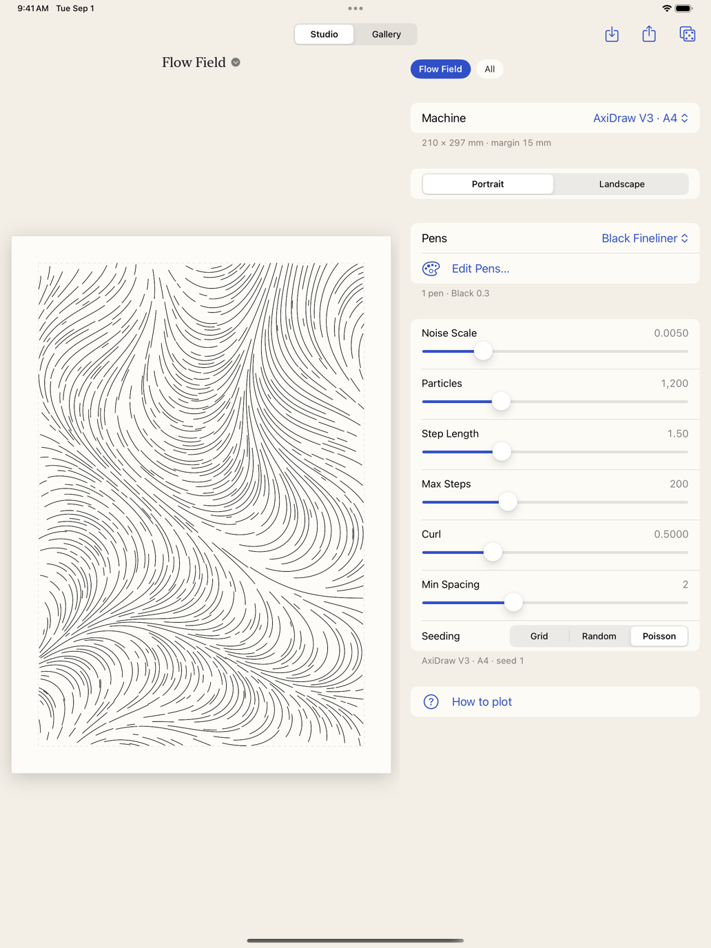 Forgeplot on iPad: a flow-field drawing fills the left half of the screen while the generator's controls sit in a column on the right.