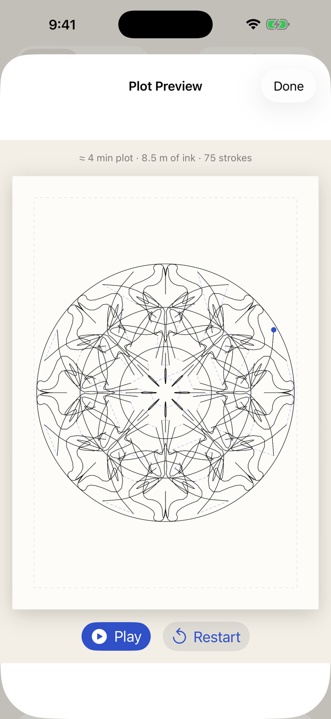 Forgeplot's plot preview on iPhone, showing a mandala drawing part-way through with the estimate: about 4 minutes of plotting, 8.5 metres of ink, 75 strokes.